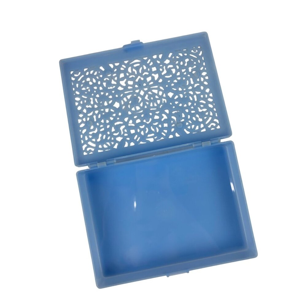 Vintage 60s Plastic Storage Box Baby Blue Cutwork Top Vanity Jewelry Trinkets - Picture 5 of 10